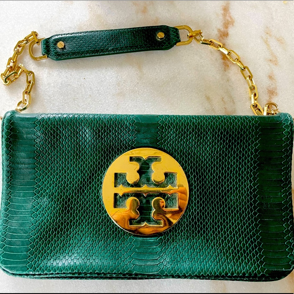 Tory Burch Reva Snake Embossed Clutch (Malachite Green) - RARE